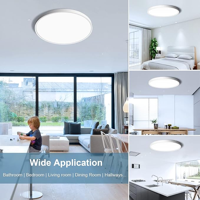 LightingWill 12 Inch LED Flush Mount Ceiling Light Fixture, 6000K Cool White, 3200LM, 24W, Flat Modern Round Lighting Fixture, 240W Equivalent White Ceiling Lamp for Kitchens, Bedrooms.etc.