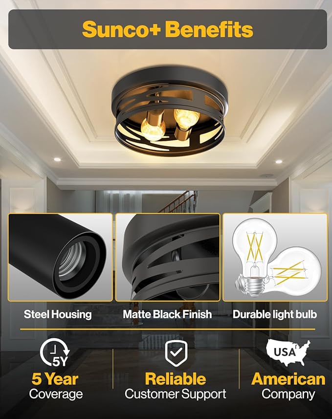 Sunco Flush Mount Ceiling Light, Farmhouse Light Fixtures, Hallway Ceiling Light Arcadia Industrial, 11" Diameter, 800 LM, Dimmable A19 Edison LED Bulbs Included, E26 Base, 8.5W=60W UL/ETL/T20 2 Pack.