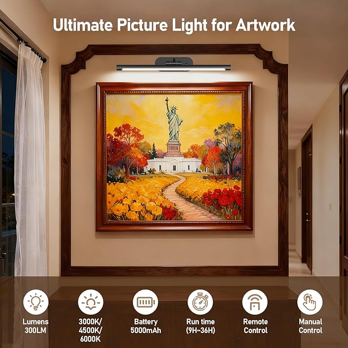 Glendan Wireless Picture Light for Wall: 16" Rechargeable Art Light with Remote & Timer, 5000mAh Battery Operated Poster Lights, 3 Color Modes & 3 Brightness Levels for Pictures, Gallery, Frame