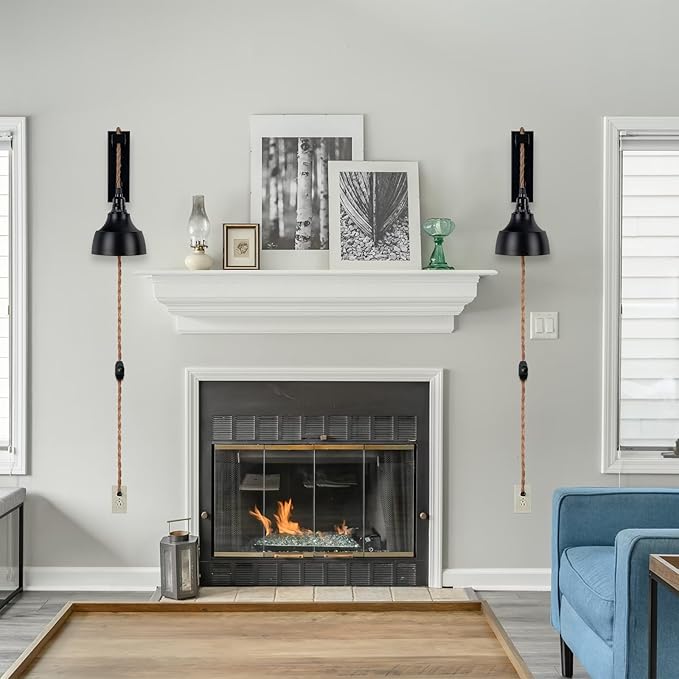 8FT Plug in Wall Sconces Pulley Wall Lamps Vintage Hanging Light Fixture Wall Lights with Plug in Cord On/Off Switch Set of Two Black Wall Lamp for Bedroom, Living Room and Hotel