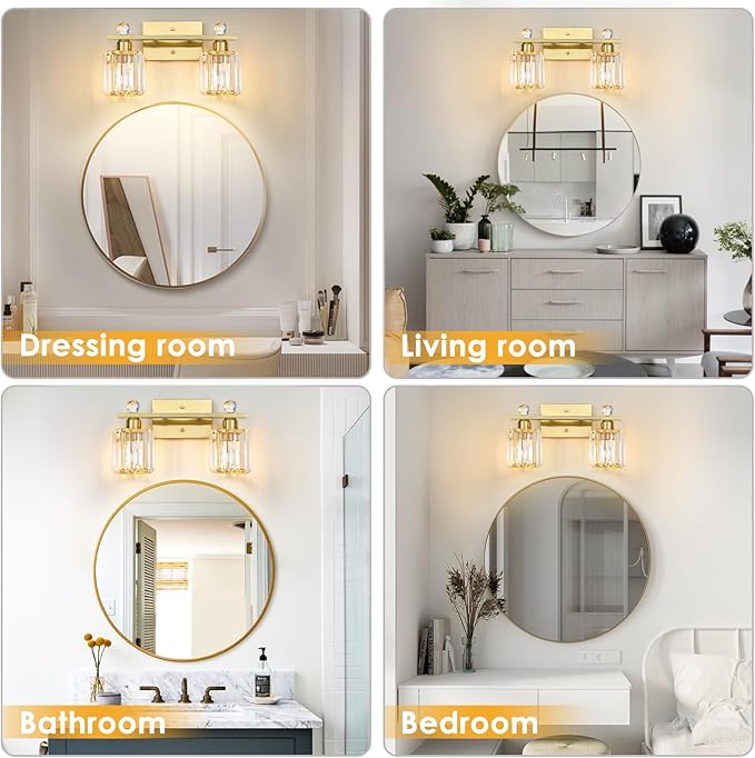 2-Light Gold Bathroom Light Fixtures,Modern Bathroom Vanity Lights Fixture with Clear Crystal Glass Shade,Brushed Gold Bath Wall Mount Lights, Light Fixtures for Mirror Bedroom Living Room