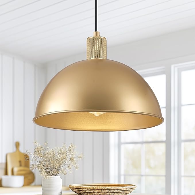 12 Inch Gold Dome Pendant Lights 2 Pack for Kitchen Island, Height Adjustable Farmhouse Industrial Hanging Light Fixtures Over Table for Dining Room, Entryway