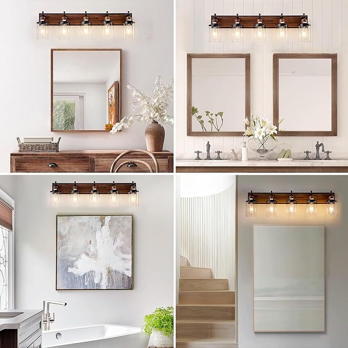 Lanhall 5-Light Farmhouse Bathroom Light Fixtures Vintage Bathroom Vanity Lights Over Mirror Black and Wood Painted Metal Vanity Light for Bathroom with Glass Shades E26 Socket