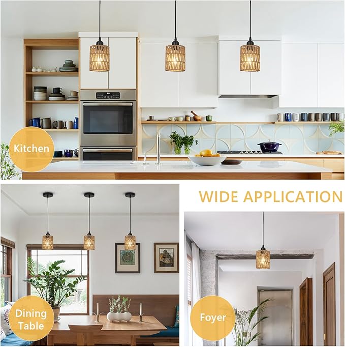 LAMSU 1-Light Rattan Pendant Lights, Boho Farmhouse Pendant Lighting with 4.7×5.9in Hand Woven Shade, Small Wicker Light Fixture Ceiling Hanging for Dining Room Kitchen, Height Adjustable up to 61in