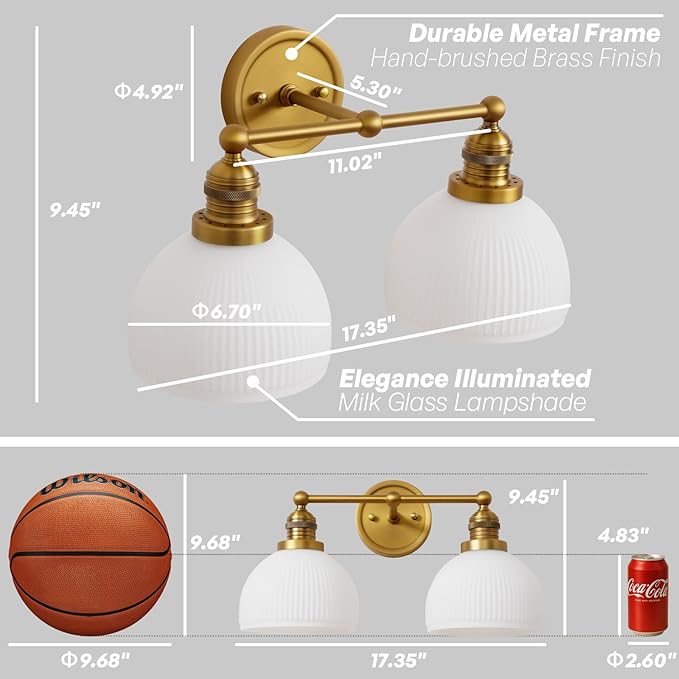 2-Light Gold Wall Sconces,Vintage Bathroom Wall Sconce Light with Milk Glass Double Arm Brass Bathroom Vanity Light for Living Room Bedroom Kitchen E26 Hardwire Indoor
