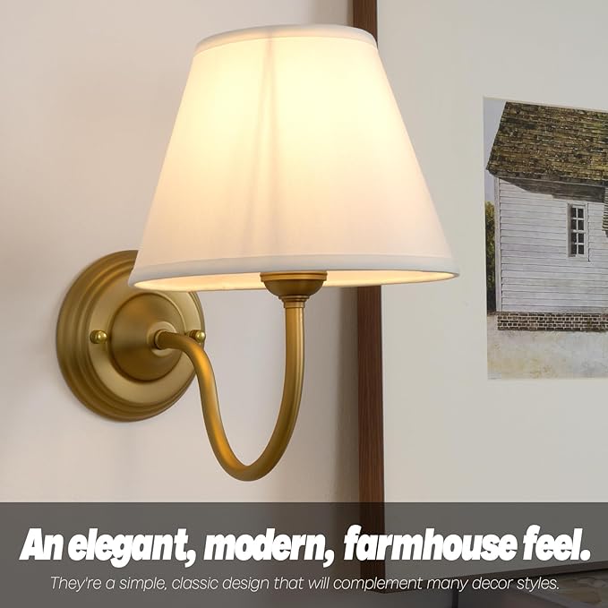 Vintage Curved Arm Fabric Wall Sconce with Linen Cloth Shade, Hardwired Indoor Single Sconce Light Wall Mounted Lamp for Bedroom Living Room Stairs Hallway