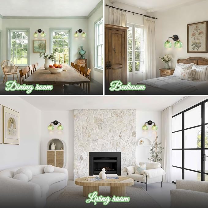 2-Lights Bathroom Wall Light Fixtures Modern Vanity Light with Leaf Texture Glass Globe Shades Emerald Green Mid Century Modern Wall Lamp Sconce for Over Mirror Living Room Cabinet