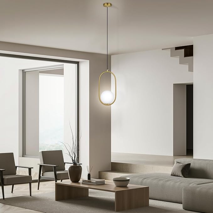 lobolighting Pendant Light Fixtures, 2 Pack Modern Gold Pendant Lighting Adjustable Height Mid Century Chandelier, Frosted Glass Globe Single Hanging Light for Kitchen Island Dining Room Bedroom