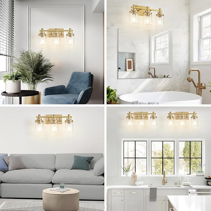 3 Light Gold Bathroom Vanity Light Over Mirror, Brushed Brass Vanity Light Fixture Modern Bath Wall Sconce Lighting Wall Mount Light Over Mirror for Vanity Table, Mirror, Bathroom