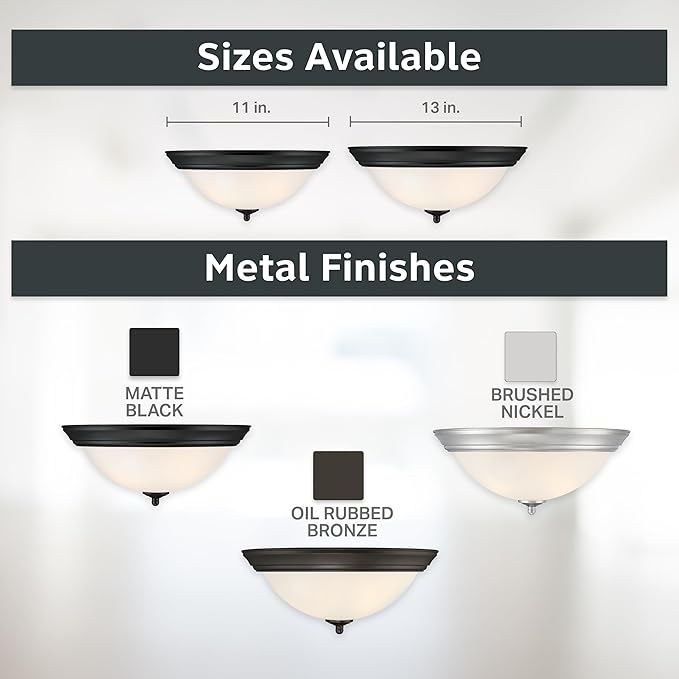 Designers Fountain Flush Mount Ceiling Light, 2-Pack, 13 Inch Frosted Glass Lighting Fixture for Kitchen, Bedroom, Bathroom, and Hallway, LED Bulbs Not Included, Matte Black