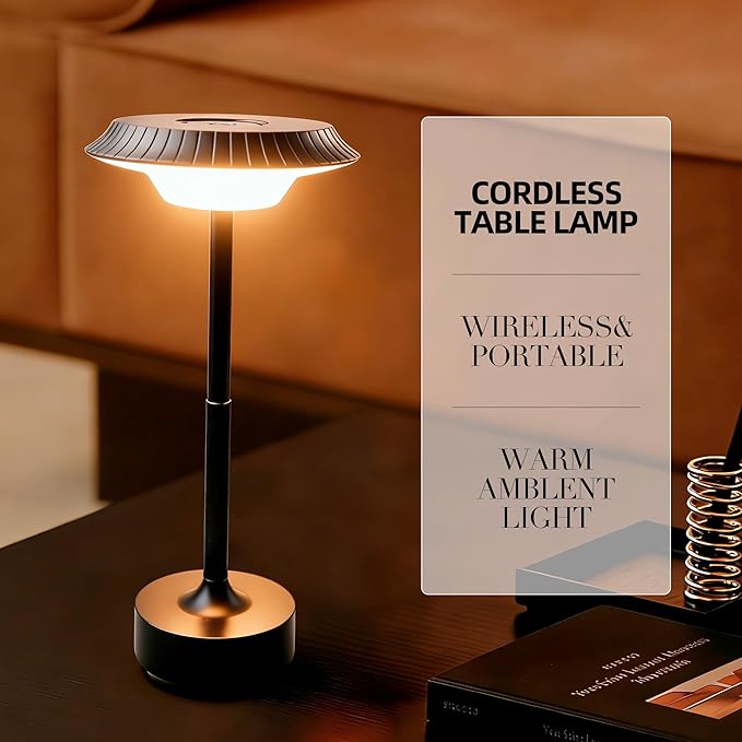 Goodoo Cordless Table Lamp Rechargeable Led Desk Lamp 1800mah Battery Operated 3 Color Stepless Dimming Up Touch Control Night Light (Black)