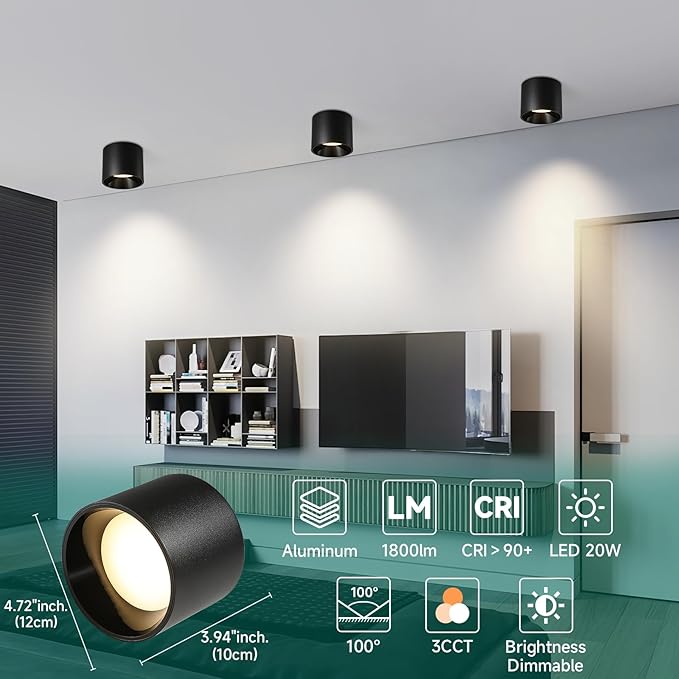 Flush Mount LED Ceiling Light Fixture, 20W Dimmable & 3000K/4000K/6000K Adjustable Ceiling Lights, Modern Close to Ceiling Lamps for Closet, Hallway, Kitchen, Entryway, Living Room, 4.7 Inch, Black