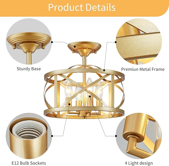 LOOYD Semi Flush Mount Ceiling Light Fixture Vintage Ceiling Light Farmhouse Ceiling Light Metal Cage Ceiling Lamp for Kitchen Dining Room Hallwa Bedroom Living Room (Gold)