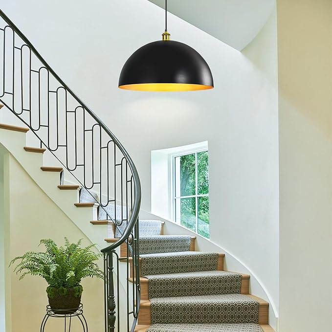 Black-Farmhouse Pendant-Light Hanging-Lamp Fixtures - 16 inch Kitchen Island Pendant Lights Industrial Dome Ceiling Lighting Dining Room Large Vintage Light for Indoor Black and Gold