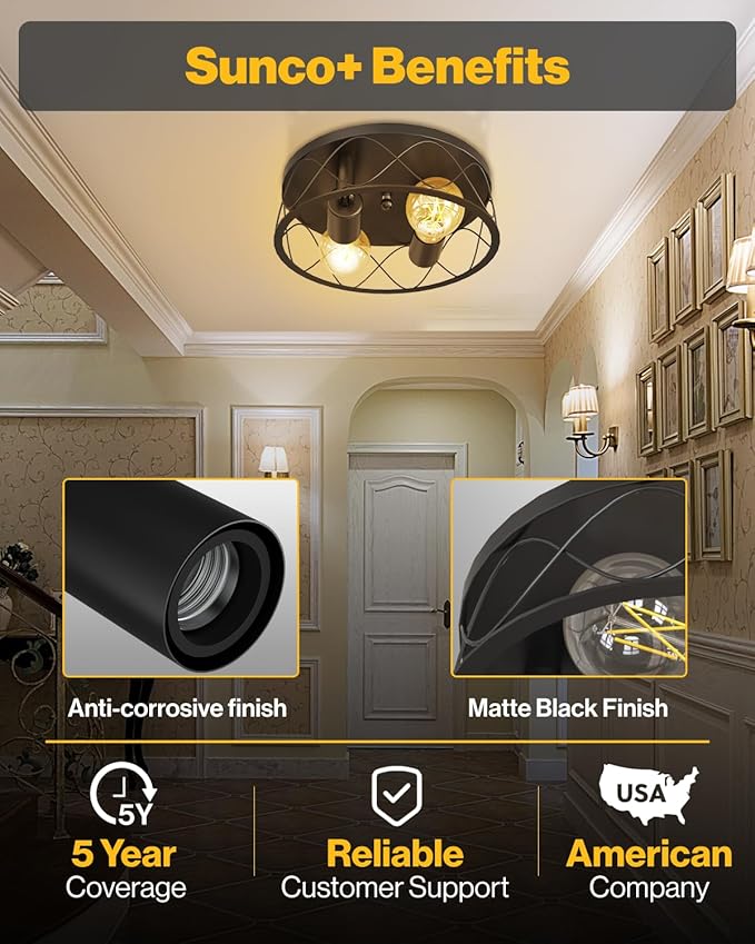 Sunco Entryway Light Fixture, Vintage Hallway Flush Mount Ceiling Light, Modern Farmhouse, 10 Inch Diameter, E26 Bulb Base, Up to 100W, IP22 ETL 2 Pack
