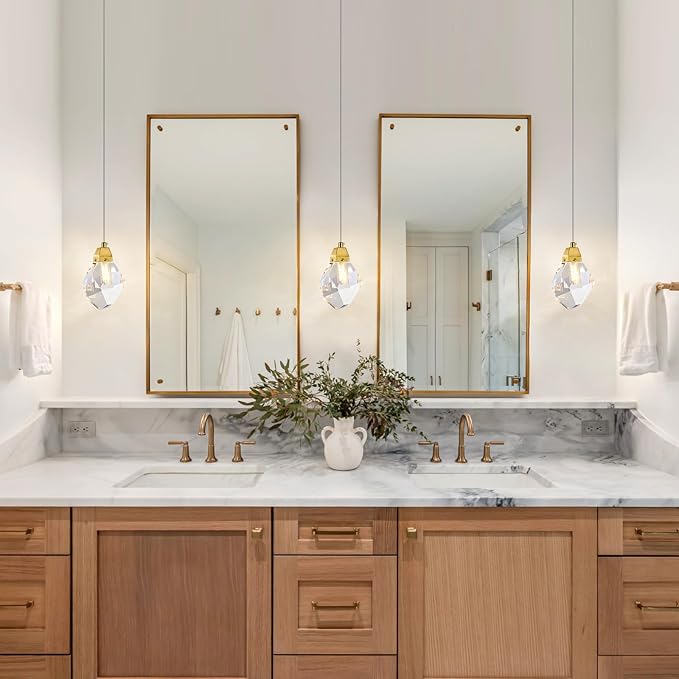 Diamond Crystal Pendant Light 3 Pack, Mini 5.5" 1-Light Hanging Ceiling Light in Gold Brushed Brass Finish with Prism Crystals and Color Changing LED for Kitchen Island, Dining Room, Bedroom, Hallway