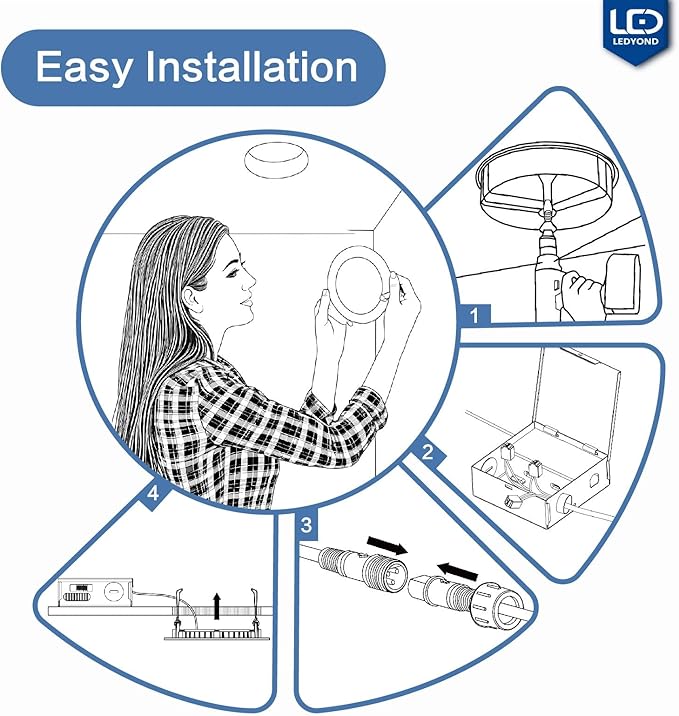LEDYOND 6 Inch Recessed Lighting with Iron Junction Box 4-Pack, Ultra-Thin LED Downlights, 5CCT Selectable (2700-5000K), 1200LM High Brightness, CRI90 Dimmable Canless Ceiling Light, ETL &Energy Star