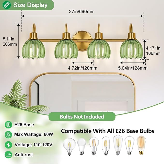 4-Light Bathroom Light Fixtures, 27" Brushed Gold Vanity Lights for Bathroom with Ribbed Green Tulip Glass Shade, Vintage Bathroom Vanity Lighting Fixtures Over Mirror for Bedroom Living Room Hallway