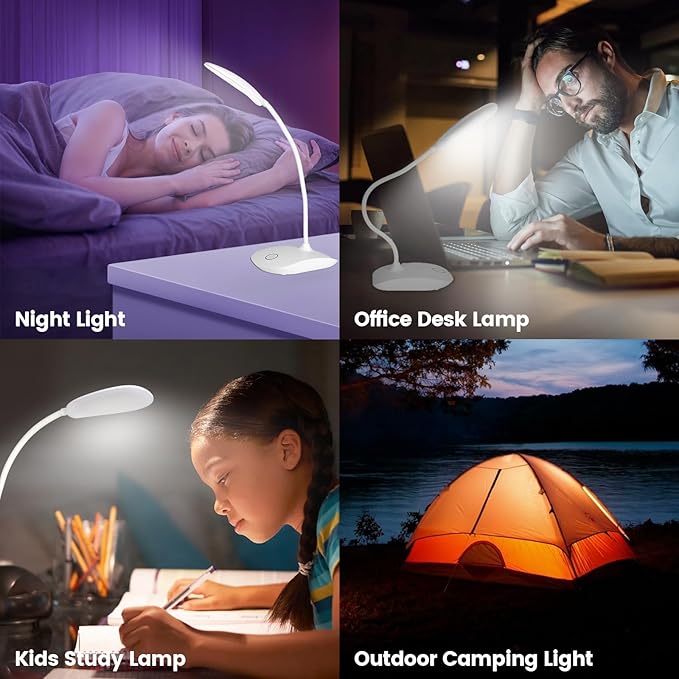 Battery Powered Desk Lamp, Portable Lamps Rechargeable 3 Color Modes Touch Control Stepless Dimming, Wireless Desk Lamp with 2000mAh, Small LED Table Light for Dorm Study Office Bedroom,White