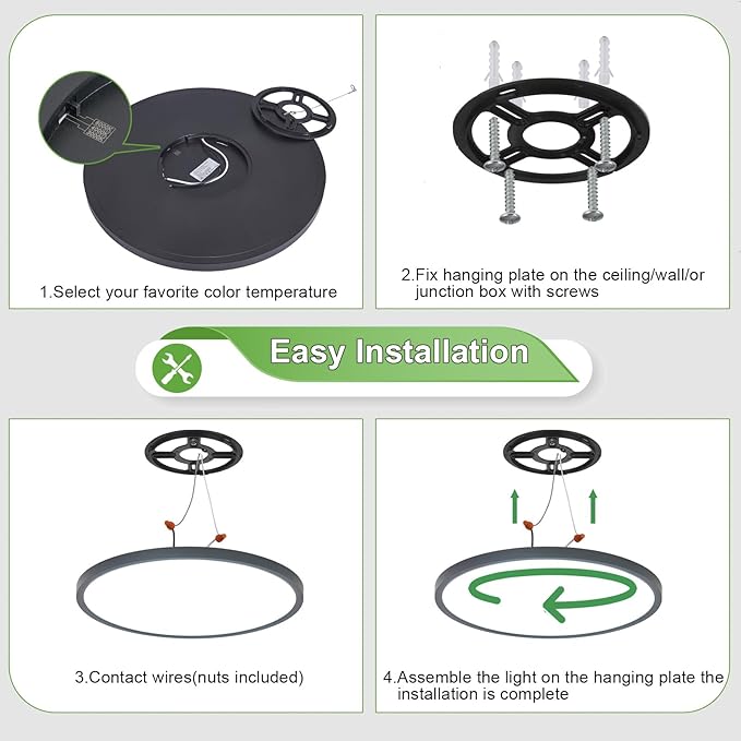 6PK 15.8 Inch LED Flush Mount Ceiling Light Fixture, 32W,3200LM,3000K/4000K/6000K CCT Selectable,0.67 inch Super Slim LED Ceiling Light for Bedroom,Hallway,Kitchen,Black