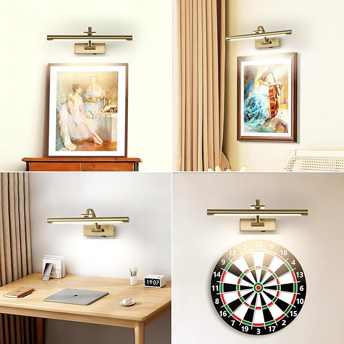 DESOOP Battery Operated Picture Light with Remote and Timer, Wireless Art Lights for Paintings Brass Rechargeable Gallery Light Dimmable Artwork Lighting for Canvas, Portrait 16'' Inch Warm White