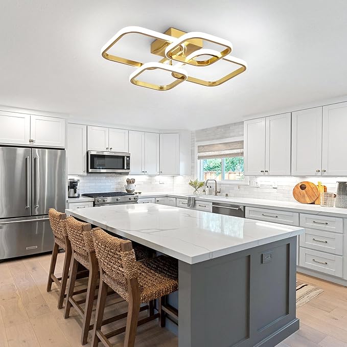 Dimmable Modern Ceiling Lights, 4-Square Flush Mount Ceiling Lighting with Remote Control, 3000K-6000K Gold LED Ceiling Light Fixtures for Bedroom, Dining Room,Kitchen