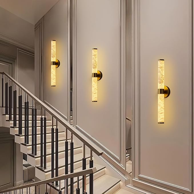 Alabaster Wall Sconces, 24" Brass Wall Sconce, Cylinder Natural Spanish Marble Sconces Wall Lighting, Modern Gold Dimmable Wall Lights for Living Room Bedroom Bathroom Stairs Hallway Entryway