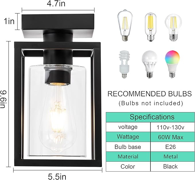 Mayful Flush Mount Ceiling Light Fixture with Clear Glass Shade, Farmhouse Black Metal Frame Light Fixture for Kitchen Island Entryway Porch Foyer Dining Room, E26 Ceramic Base