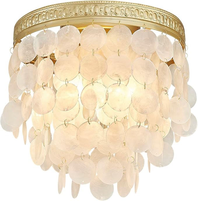 Modern Capiz Shell Ceiling Light, Costal Design, Close to Ceiling Light Fixture for Dining Room, Living Room, Bedroom, Hallway, Foyer, Gold Finish Frame, 3*E12 Socket, D12.6*H12.6 inches