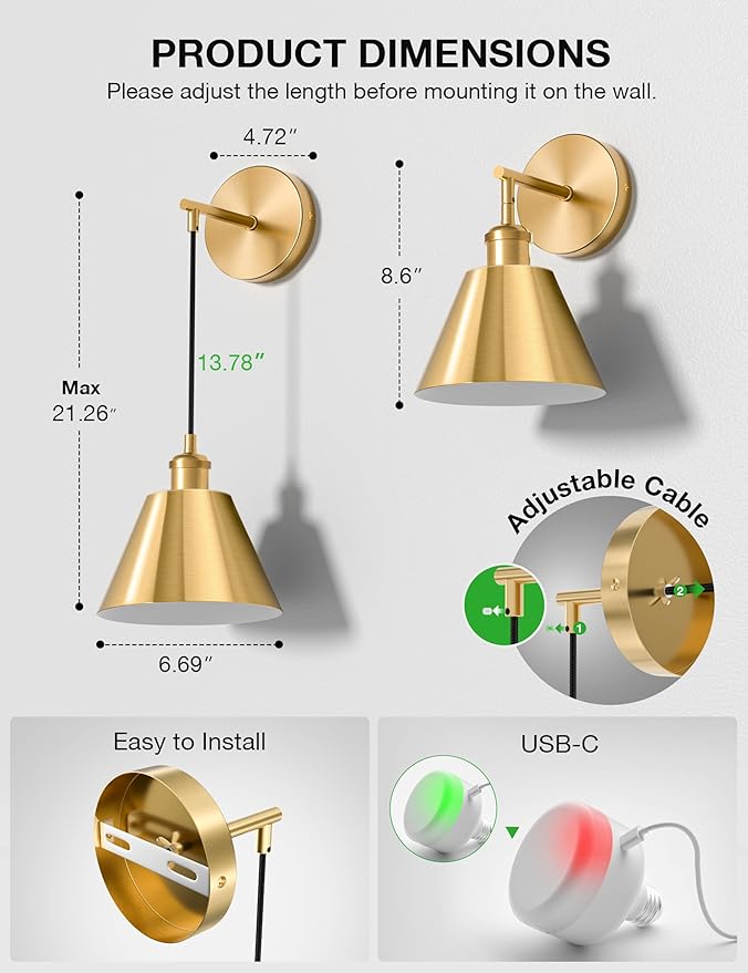 NIORSUN Brushed Gold Battery Operated Wall Sconce Set of 2, 5200mAh Dimmable Detachable Bulbs and Remote Wireless Rechargeable Wall Lights, 9 Colors Sconces Wall Decor for Bedroom Living Room Hallway