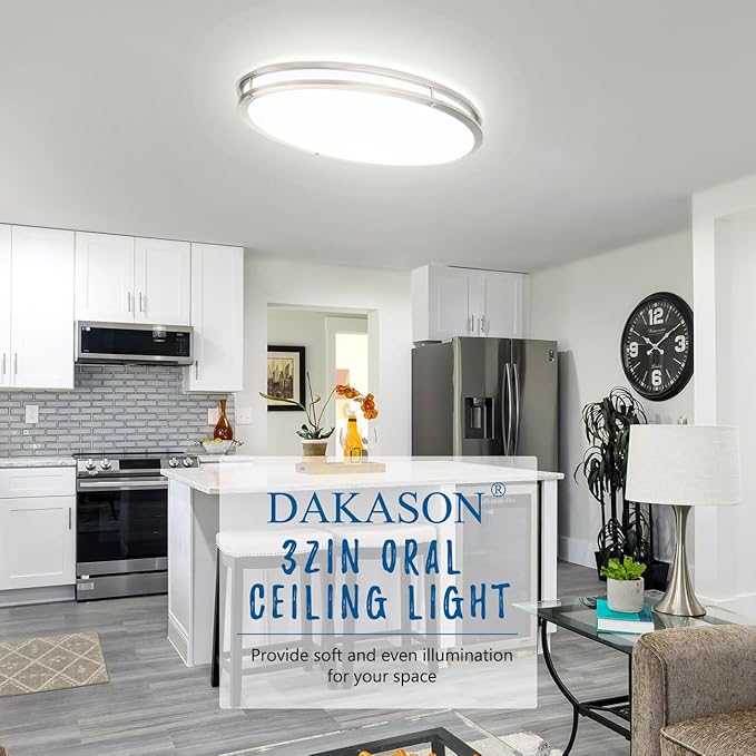 DAKASON 2Pack 32In Oval LED Flush Mount Ceiling Light for Kitchen, 50W Modern Ceiling Light Fixture for Living Room, 3500K/4000K/5000K, Dimmable for Dining Room/Laundry/Hallway, Brushed Nickel