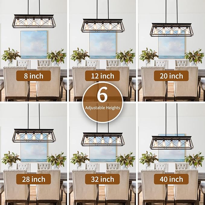 5-Light Pendant Lights Fixture, Farmhouse Chandeliers for Dining Room, Rustic Island Lights for Kitchen, Rectangular Chandelier Rustic Farmhouse Light Fxiture Gold&Black