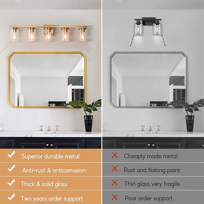 34in Bathroom Light Fixture Over Mirror, 5-Light Gold Vanity Lights with Clear Glass Shades, Modern Wall Sconces for Living Room, Bedroom, Hallway, E26 Base