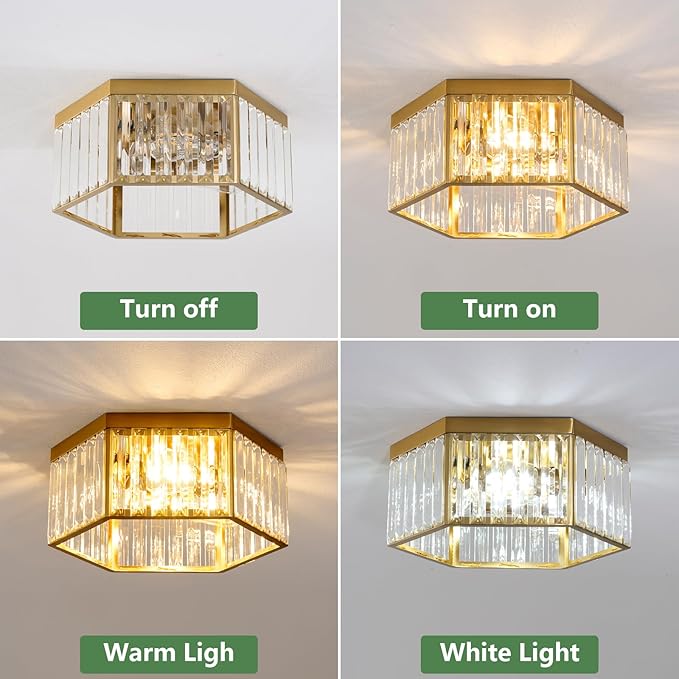 SGLfarmty 13.7 Inch Brass Flush Mount Ceiling Light, 3-Light Modern Ceiling Lights Fixture with Hexagon Crystals, Luxury Gold Ceiling Lamp for Bedroom Dining Room Entryway Hallway