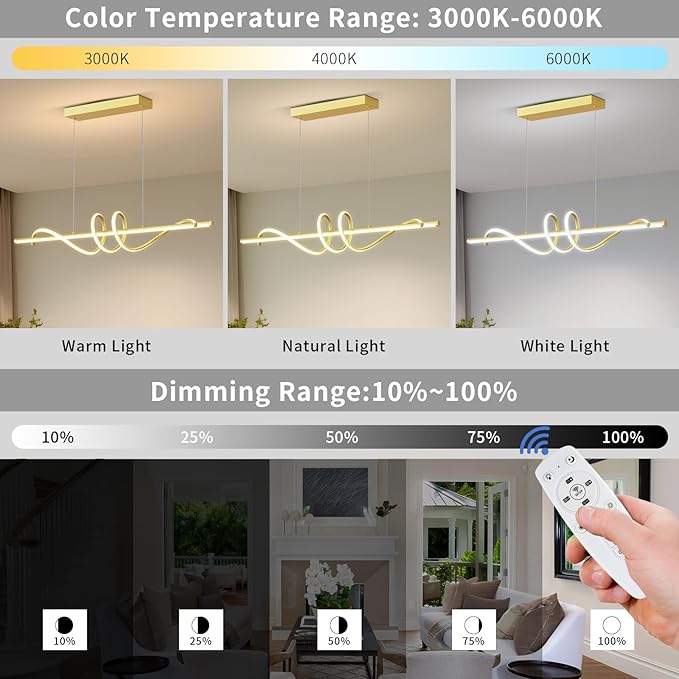 Modern LED Pendant Lights, 47in Gold Chandelier Dimmable with Remote Control 3000k-6000K Adjustable Color Temperature, Aluminum Island Lighting Lamp Fixture for Kitchen, Dining Room