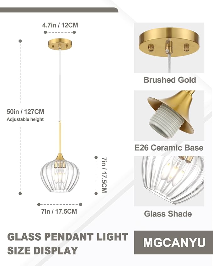Glass Pendant Lights for Kitchen Island, 7" Modern Gold Pendant Light Fixtures Small Adjustable Hanging Light for Kitchen, Dining Room, Sink, Bathroom