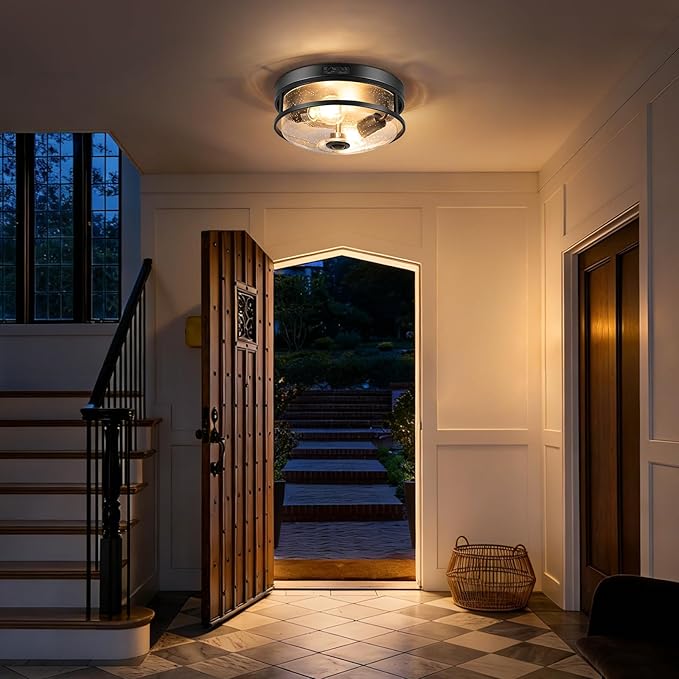 10.5Inch Outdoor Ceiling Light with Motion Sensor,2-Light Dusk to Dawn Porch Light,360° Detection,4 Lighting Modes, Farmhouse Flush Light Fixture with Seeded Glass for Porch, Garage, Entryway