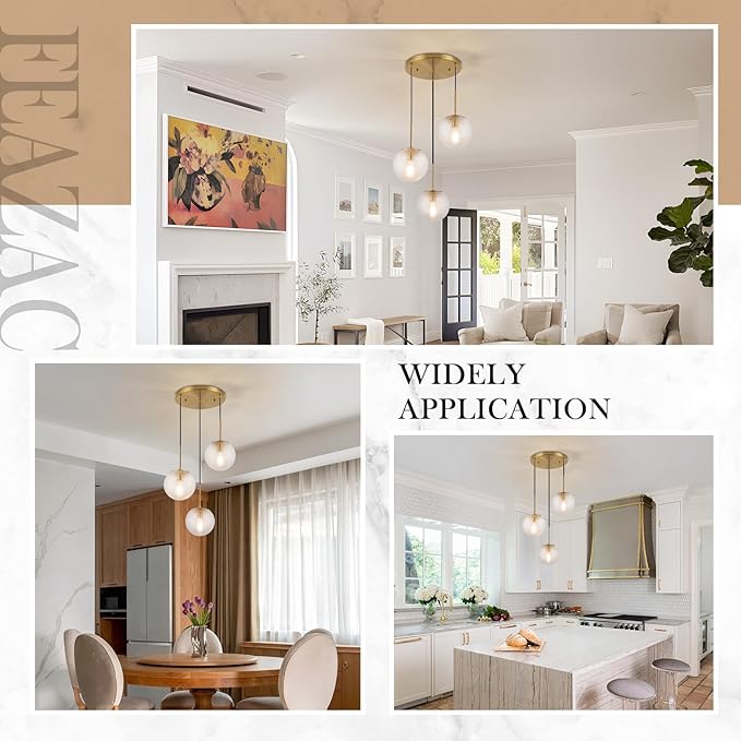 3-Light Glass Globe Pendant Light, Mid Century Modern Cluster Chandelier with Clear Glass, Vintage Gold Pendant Lighting for Kitchen Island, Staircase, Dining Room, Living Room