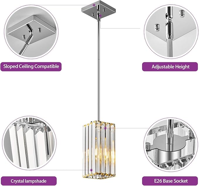Modern Pendant Light Chrome Rectangle Pendant Lighting Mini Crystal Chandeliers Adjustable Pendant Light Fixture for Kitchen Island Dinning Room Living Room Corridor Bedroom(Chrome 1-Pack)