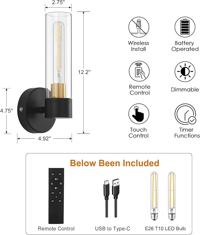 Battery Operated Wall Sconce Set of 2, Wireless Wall Lights with Remote Control, Rechargeable Dimmable Wall Lamps for Bedroom Bathroom Living Room Hallway Decor Stairwell, Black & Gold, 3000K