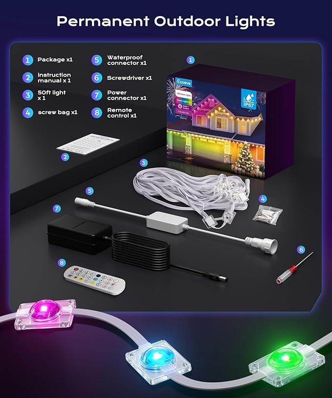 Permanent Outdoor Lights for House,50ft RGB+IC Lights with 16 Million Colors & 50 Scene Modes, App/Remote Control, IP67 Waterproof, DIY Music Sync, for Christmas, Holiday & Party Decor