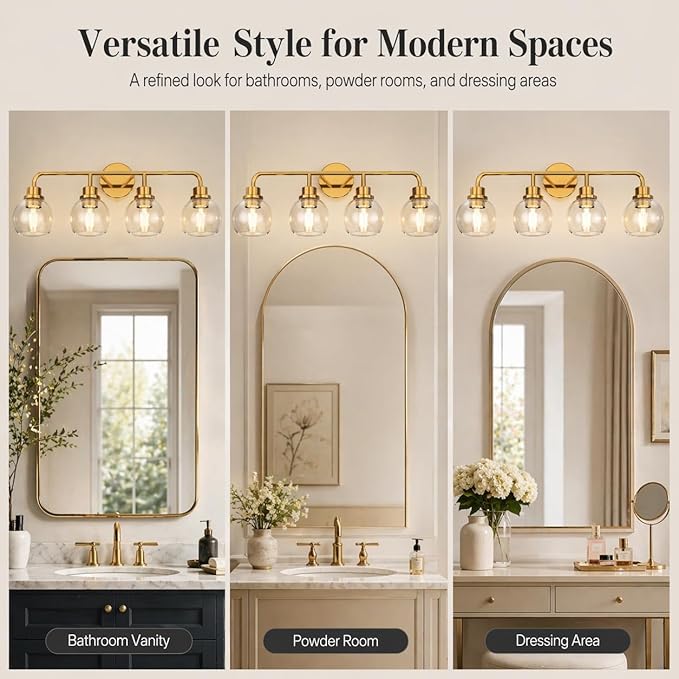 DORESshop Built to Last 20 Years Bathroom Light Fixtures, 4-Light Vanity Lights Over Mirror, Gold Wall Lamp with Clear Glass for Living Room Decor Bedroom Porch Cabinet