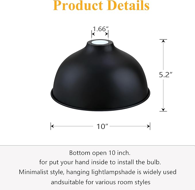 Industrial 10" Metal Drum Replacement Shades,1.6" Fitter Opening for Threaded Medium Base Socket,H5.2*D10 Black Finish 2 Pack
