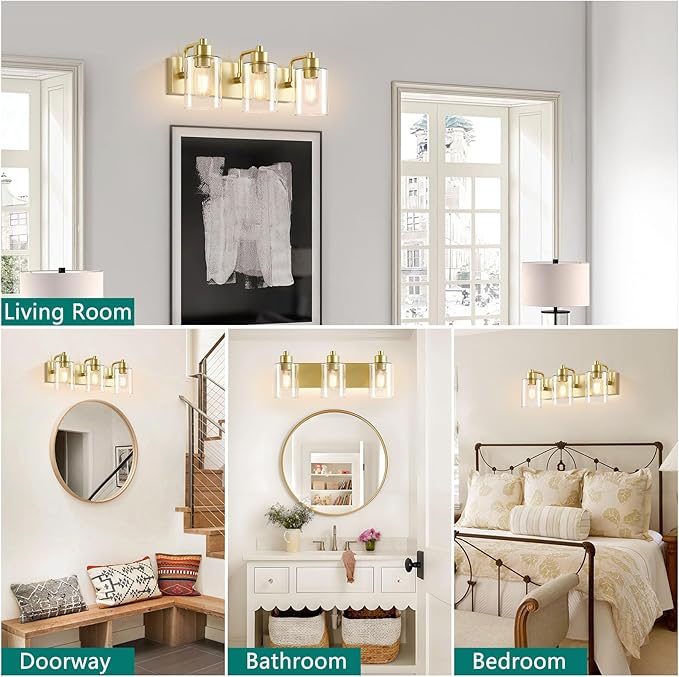 Dpyrrhic Gold Bathroom Light Fixtures,3-Light Bathroom Lights Over Mirror with Clear Glass Shade,Gold Vanity Light Wall Sconces for Kitchen Living Room Bedroom