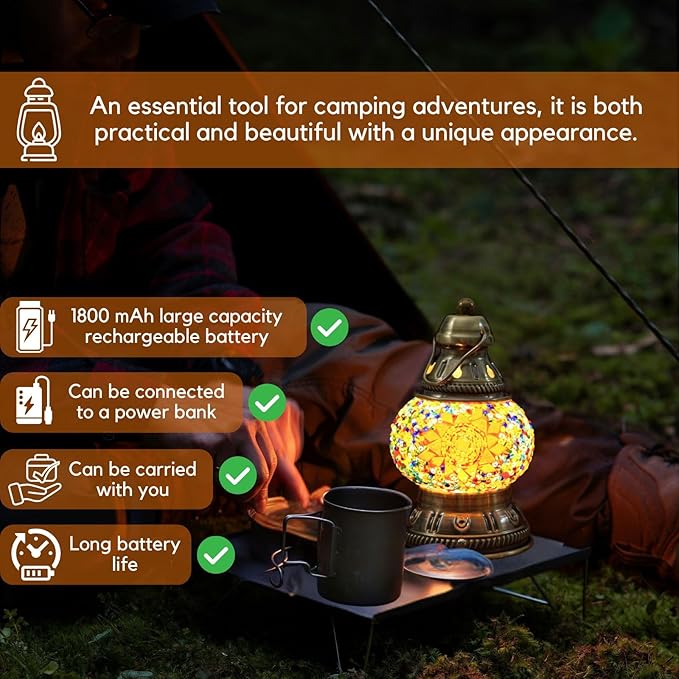 Upgraded Rechargeable Turkish Mosaic Lamp - Handmade Moroccan-Style Camping Light with 1800mah Battery, USB Power Bank, Touch Switch & 3 Brightness Levels, 10.5cm Lampshade Sizes