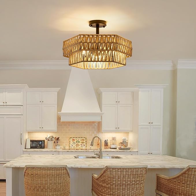 XSDeTu Farmhouse Semi Flush Mount Ceiling Light, 3-Light Boho Light Fixtures,Rustic Woven Hemp Rope Ceiling Lamp, Double Hexagonal Flush Mount Light Fixture for Hallway, Kitchen, Bedroom