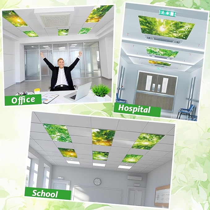 Wiooffen 6 Pcs Fluorescent Light Covers with 60 Magnets Decorative for Classroom Ceiling Light 4 x 2 Feet Magnetic Light Covers Filter Easy Install for Office Hospitals & Home(Green Leaves)
