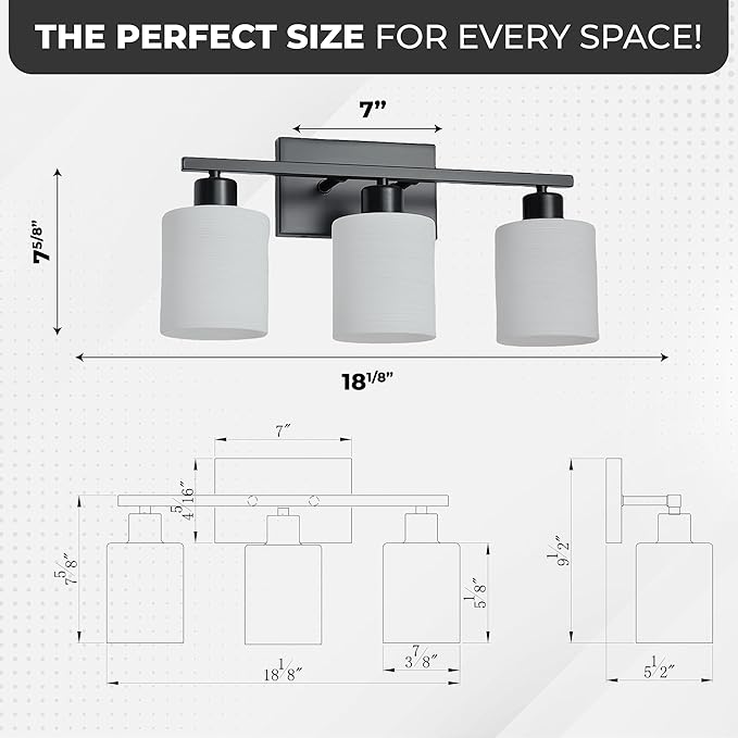 The Door Bull Modern Bathroom Vanity Light, Milky White Glass Shades, Wall Sconce for Bedroom & Living Room, E26 Socket, Over Mirror Lighting Fixture (Matte Black, 3 Lights)
