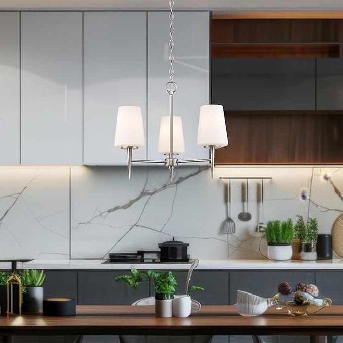 Montgomery 3-Light Chandelier | Brushed Nickel Finish with White Frosted Glass Shade | Adjustable Hanging Height | Uses E26 Medium Base Bulb (Nickel, Chandelier)