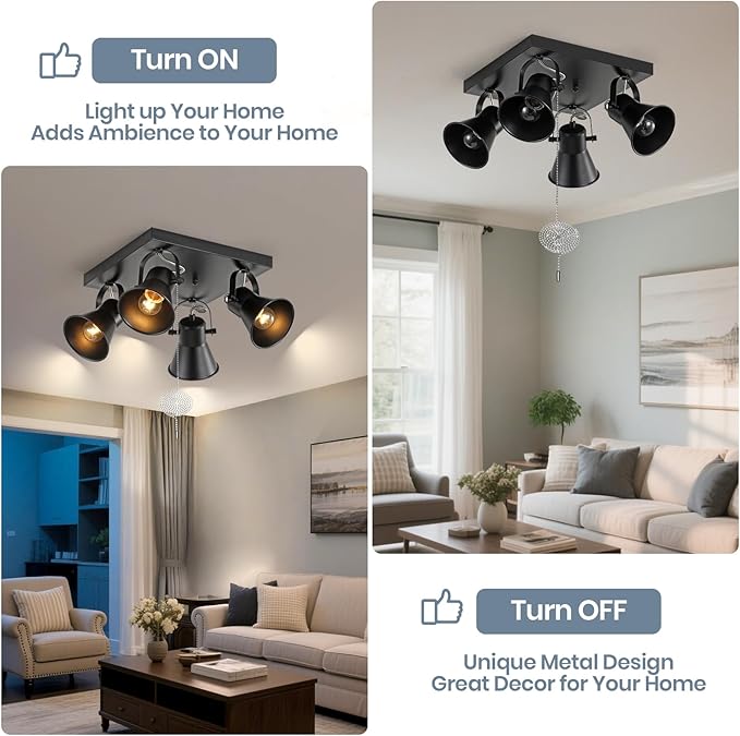 KEESFU 4-Light Square Ceiling Light Fixture with Pull Chain Switch, Black Adjustable Track Lighting,Flush Mount Directional Ceiling Lamp for Foyer Living Room Bedroom Kitchen Dining Area